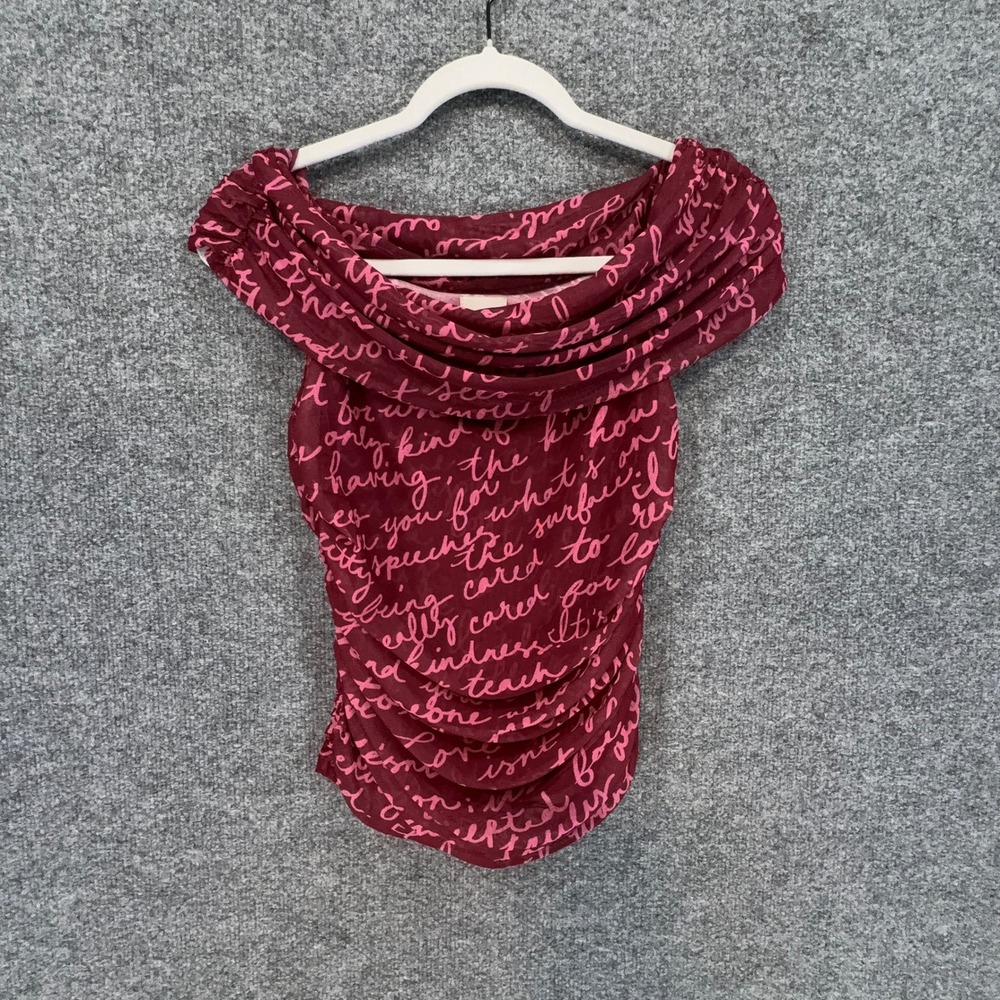 Maeve Shirt Women Small Burgundy Pink Ruched Script Off Shoulder Anthropologie